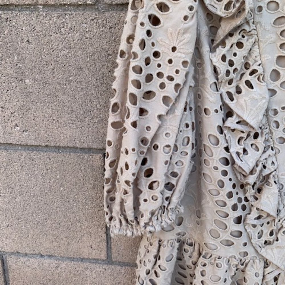 Eyelet Ruffled Peplum Blouse in Neutral - Size L - Picture 3 of 5
